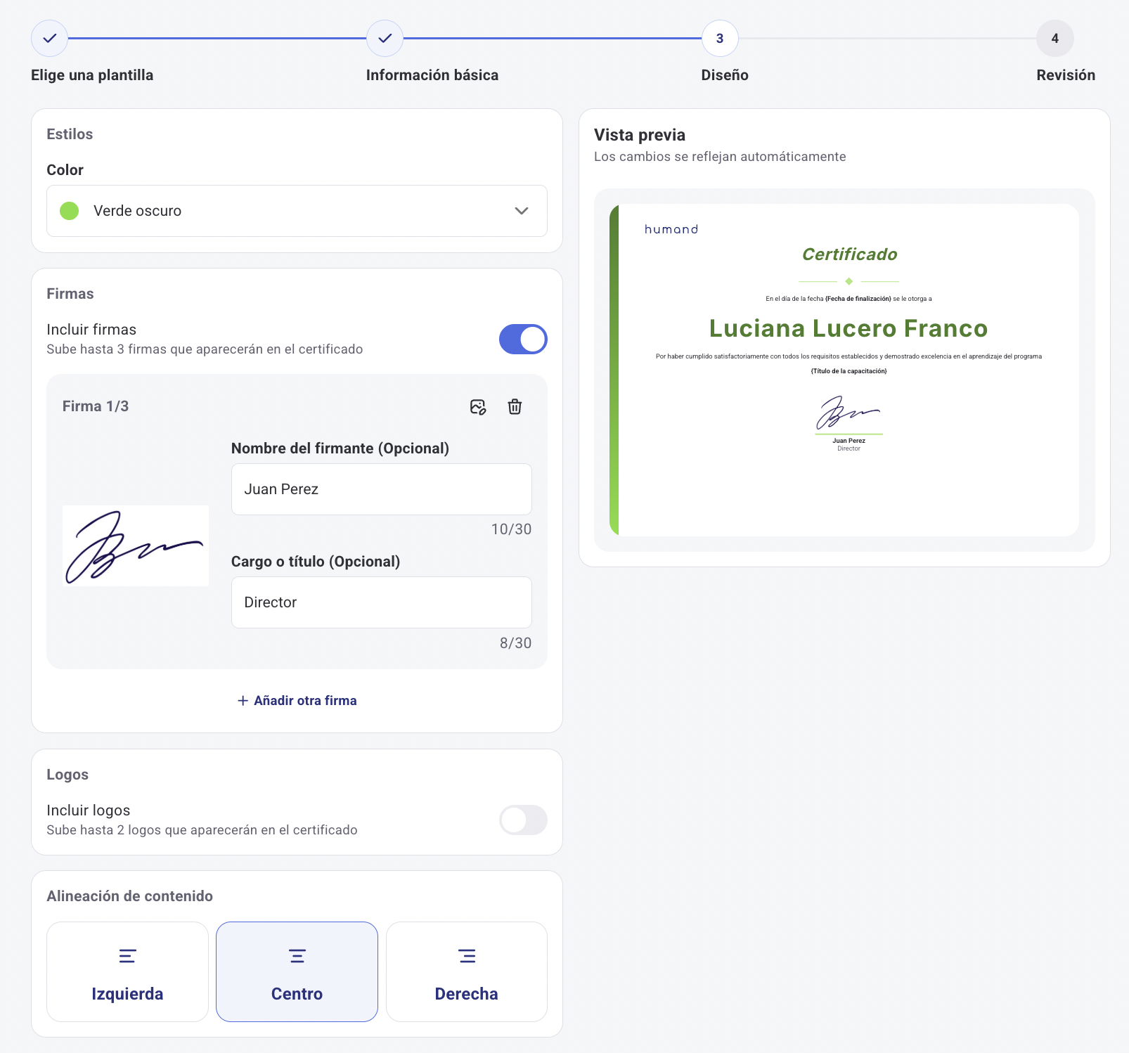 Opções de design do certificado: cor, assinaturas, logótipos e alinhamento