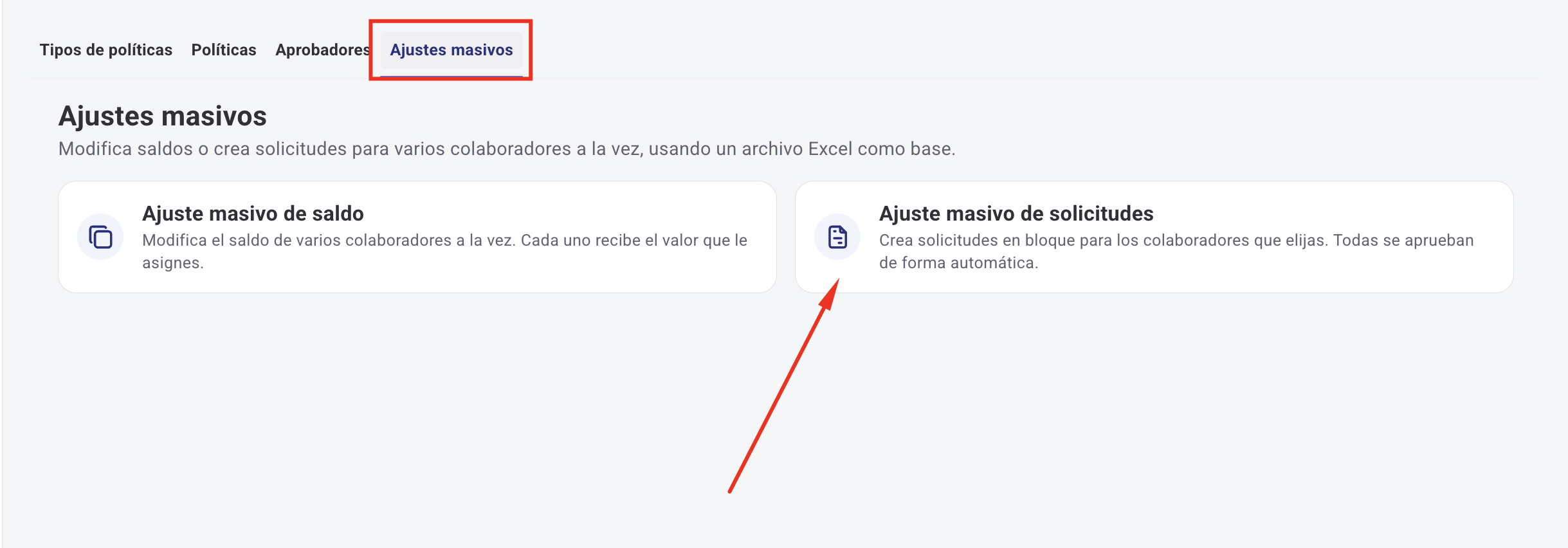 Opção de carregamento em massa no painel de Férias e Licenças