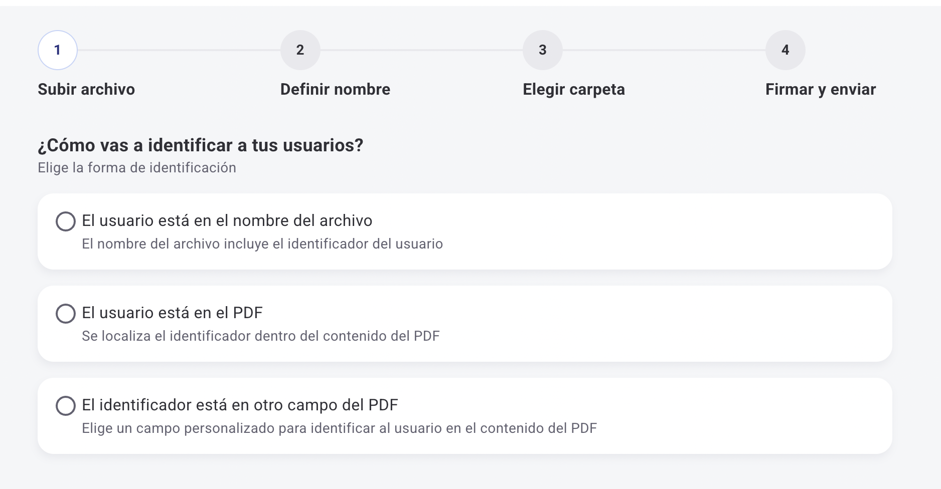 Selección del modo de identificación y carga del archivo