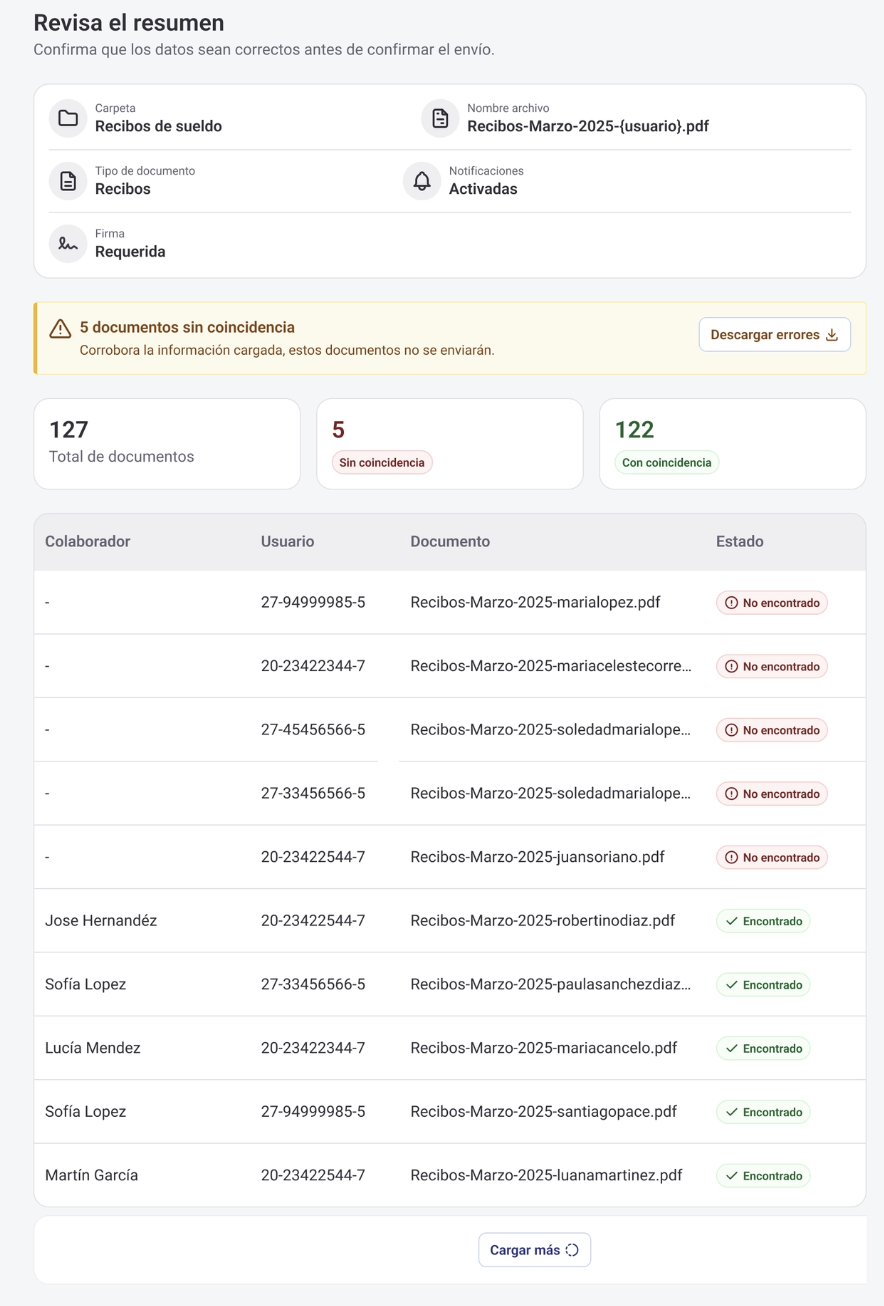 Pantalla de revisión con resumen de documentos identificados y errores