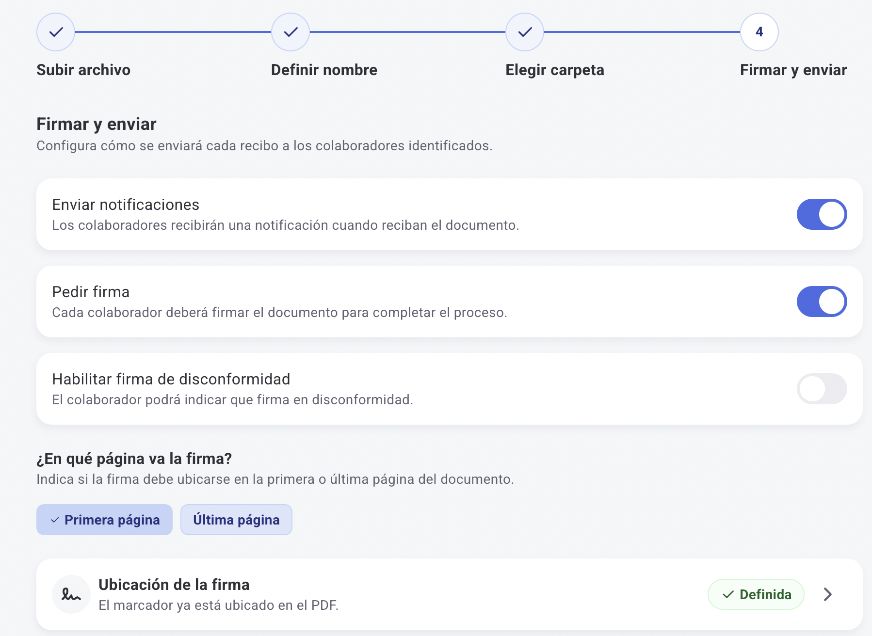 Configuración de firma y notificaciones antes del envío