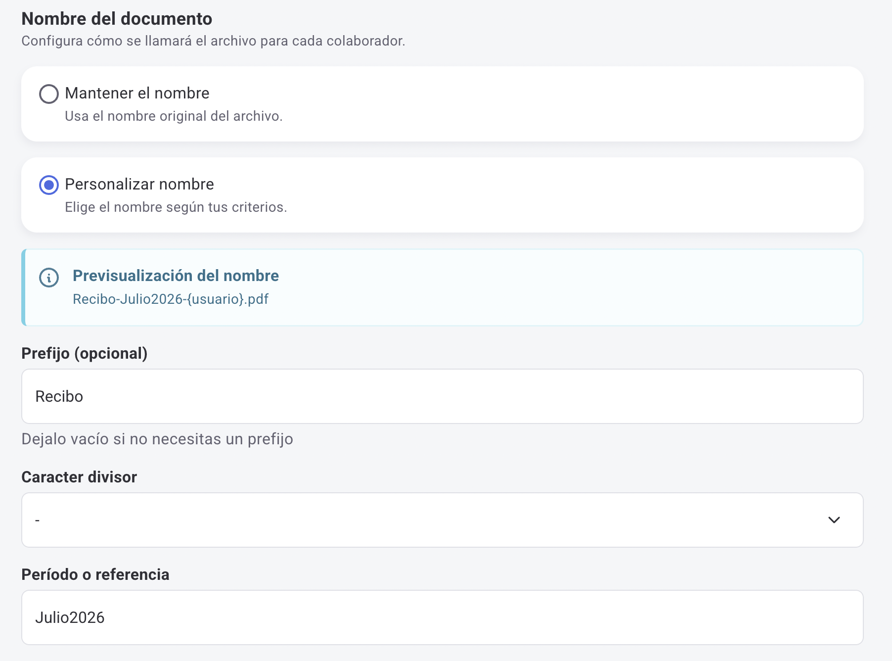 Document name configuration with preview