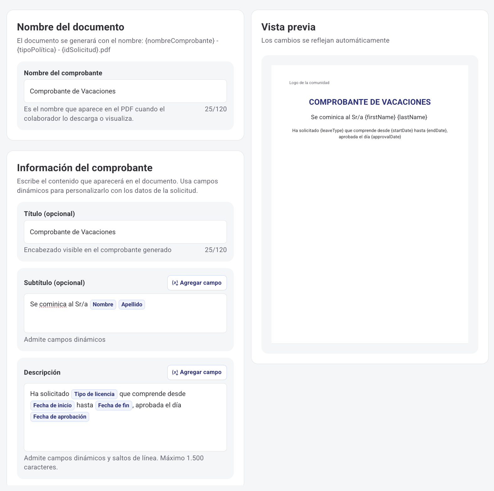 Paso 1: nombre interno, título, subtítulo y descripción con variables dinámicas