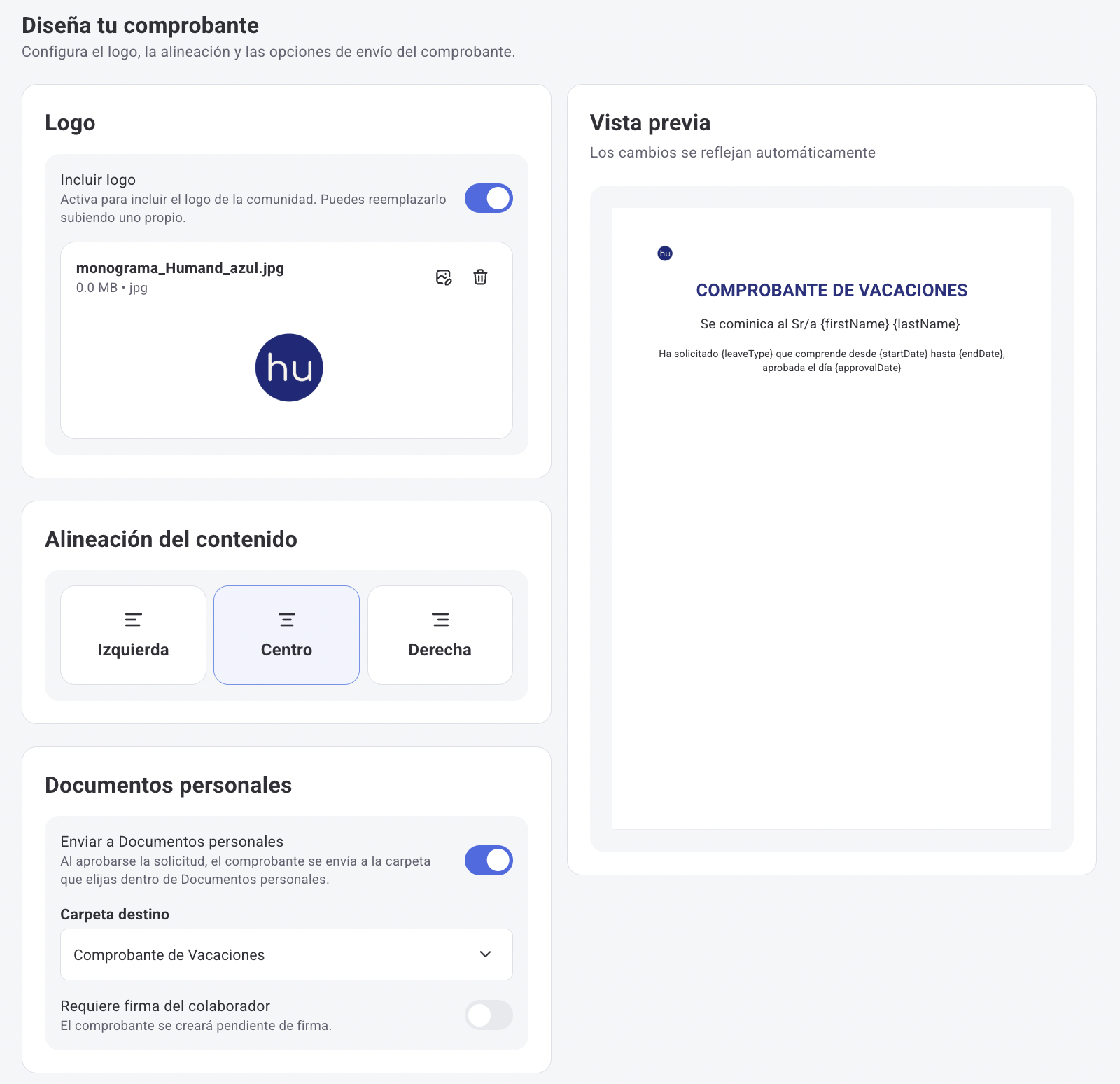 Passo 2: logótipo, alinhamento e opções de envio para Documentos Pessoais