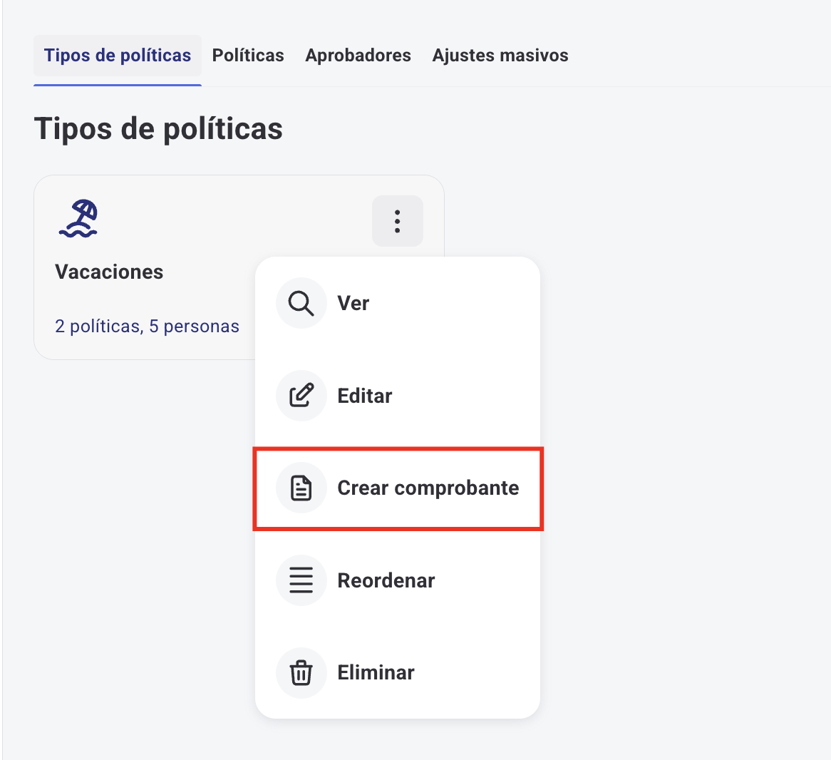 Ativação do comprovativo na configuração do tipo de política