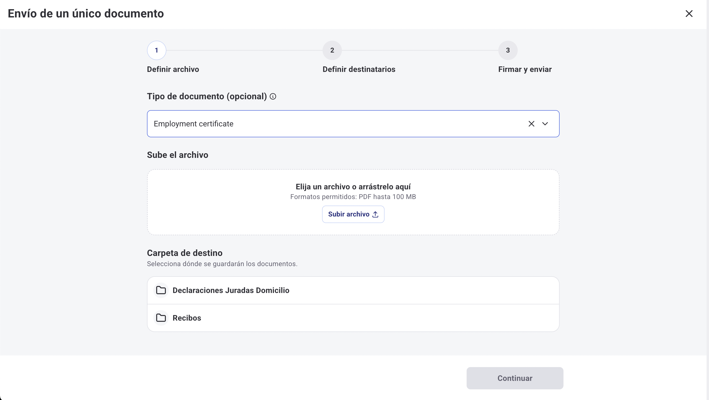 Passo 1: carregar o documento, tipo e pasta de destino