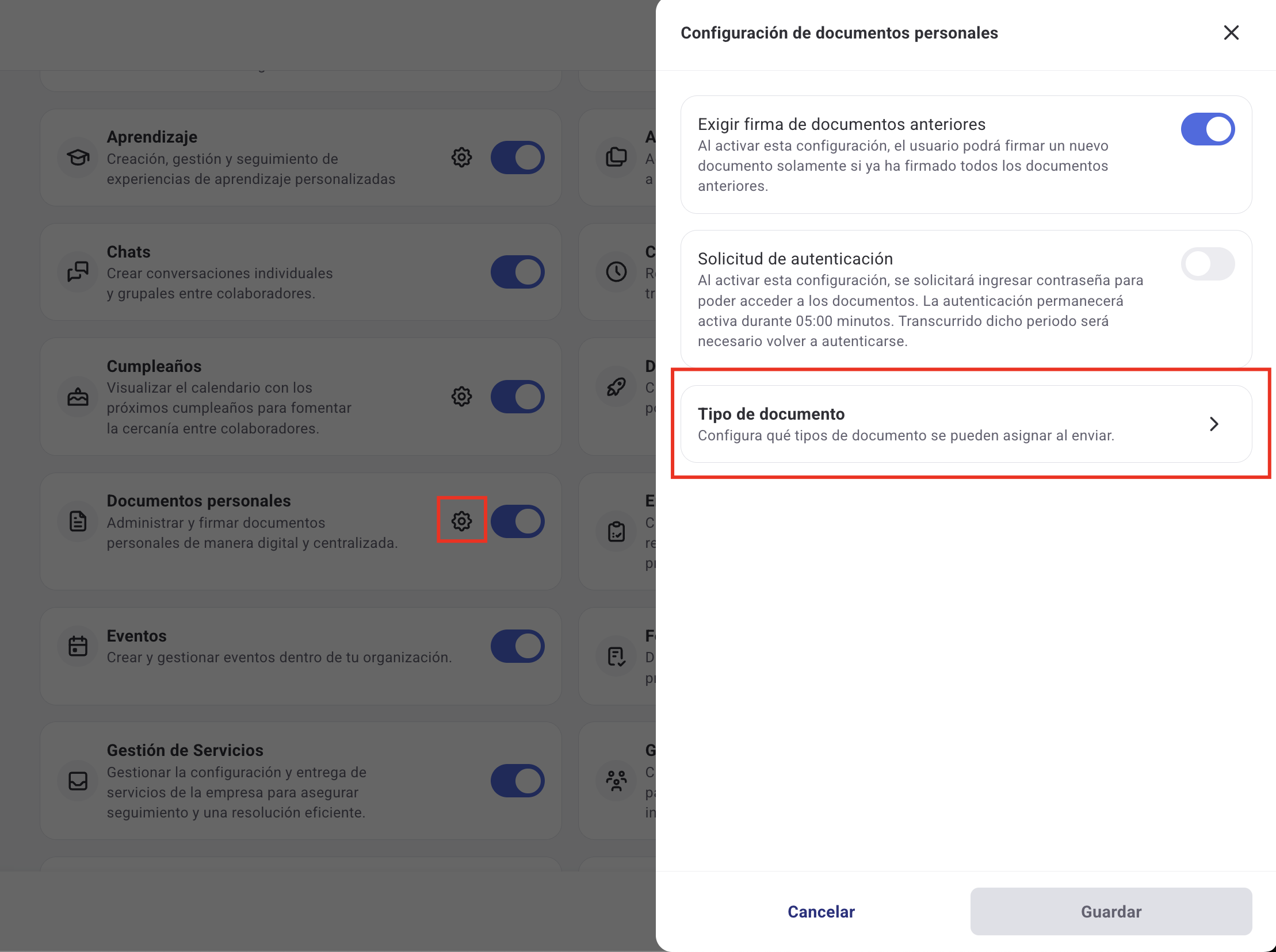 Seção de configuração de tipos de documento em Admin
