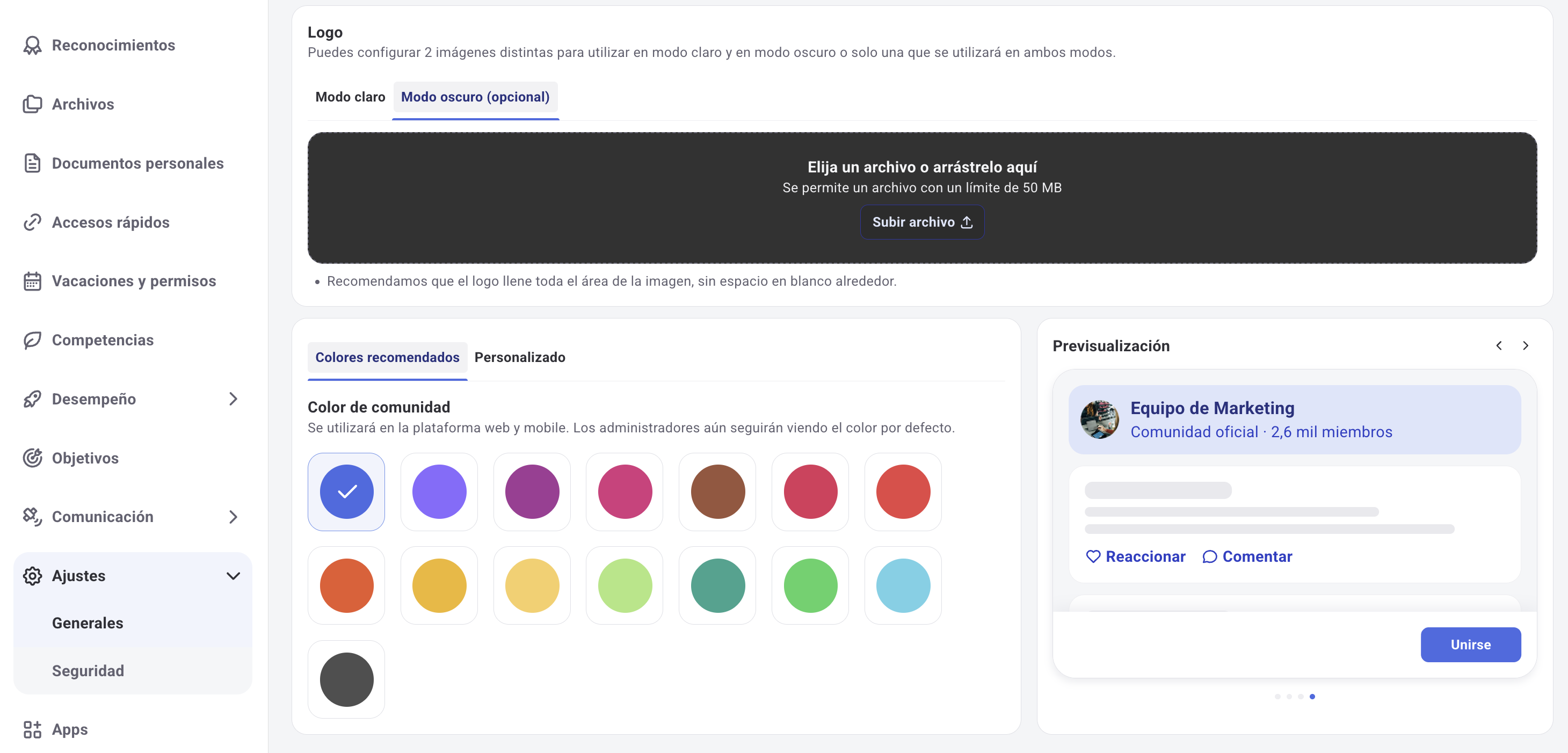 Sección de logo en Ajustes Generales con opción para Dark Mode