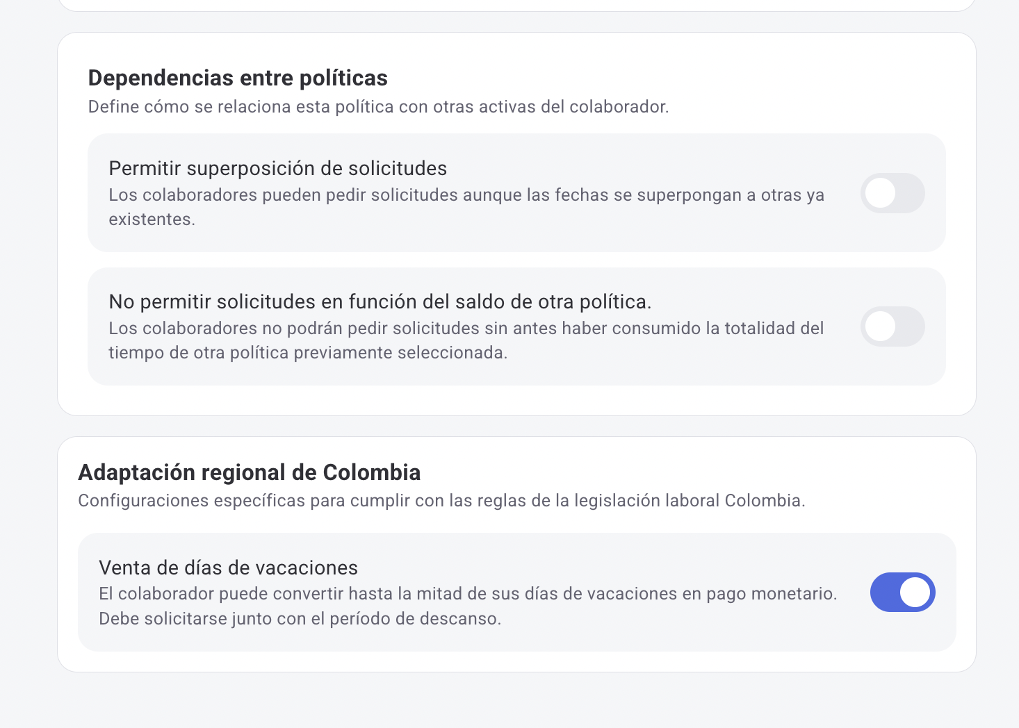 Configuración regional Colombia con opción de venta de vacaciones habilitada