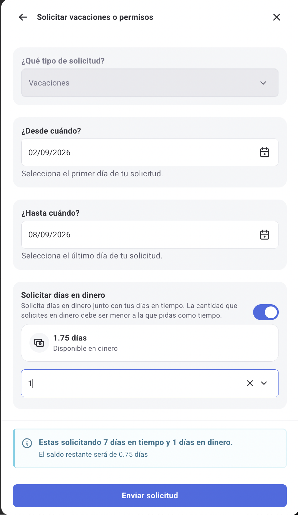 Selector de días en tiempo y días en dinero al hacer una solicitud