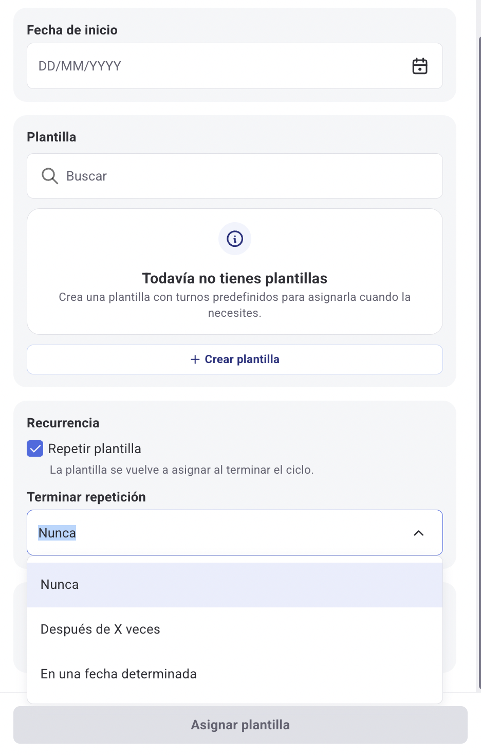 Repeat template toggle with End repeat options