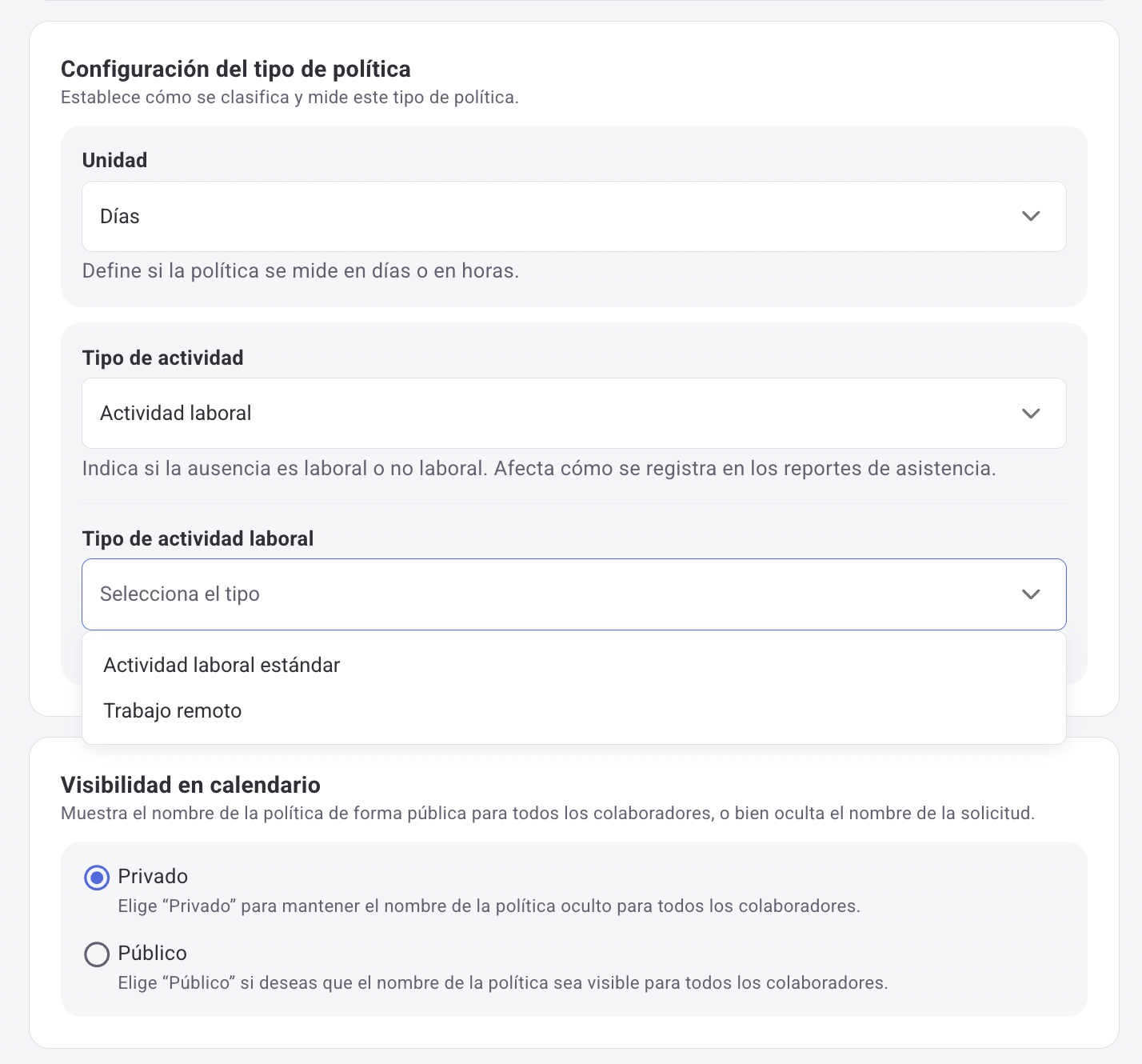 Policy type settings in Vacation and Leave