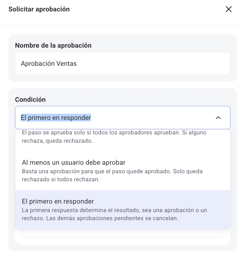 Campo Condição de aprovação no passo Solicitar aprovação do Workflow Builder