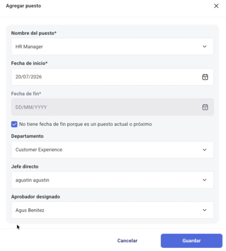 Formulário para adicionar o primeiro cargo ao historial profissional