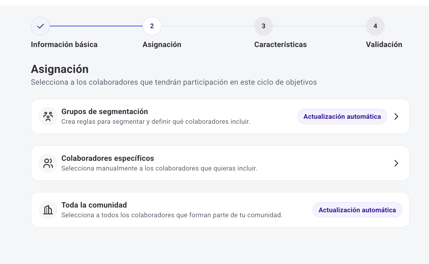 Paso de Asignación en el wizard de ciclo de objetivos