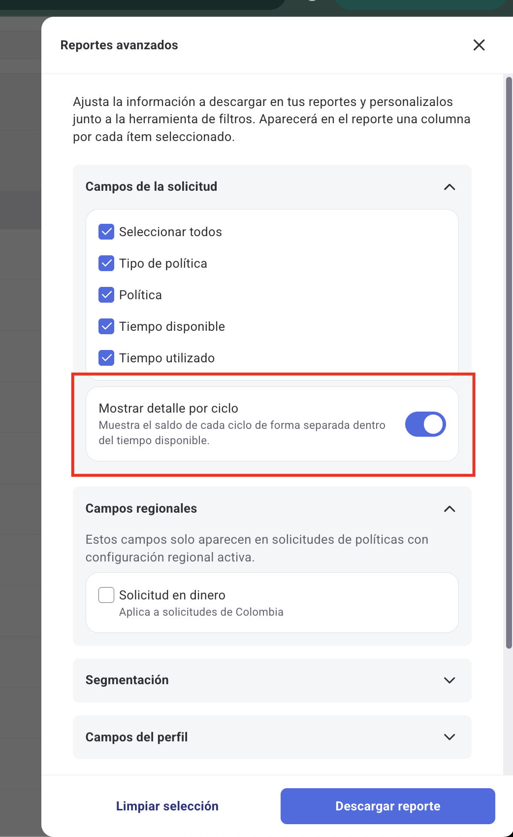 Switch Mostrar detalle por ciclo en el accordion de Campos del saldo