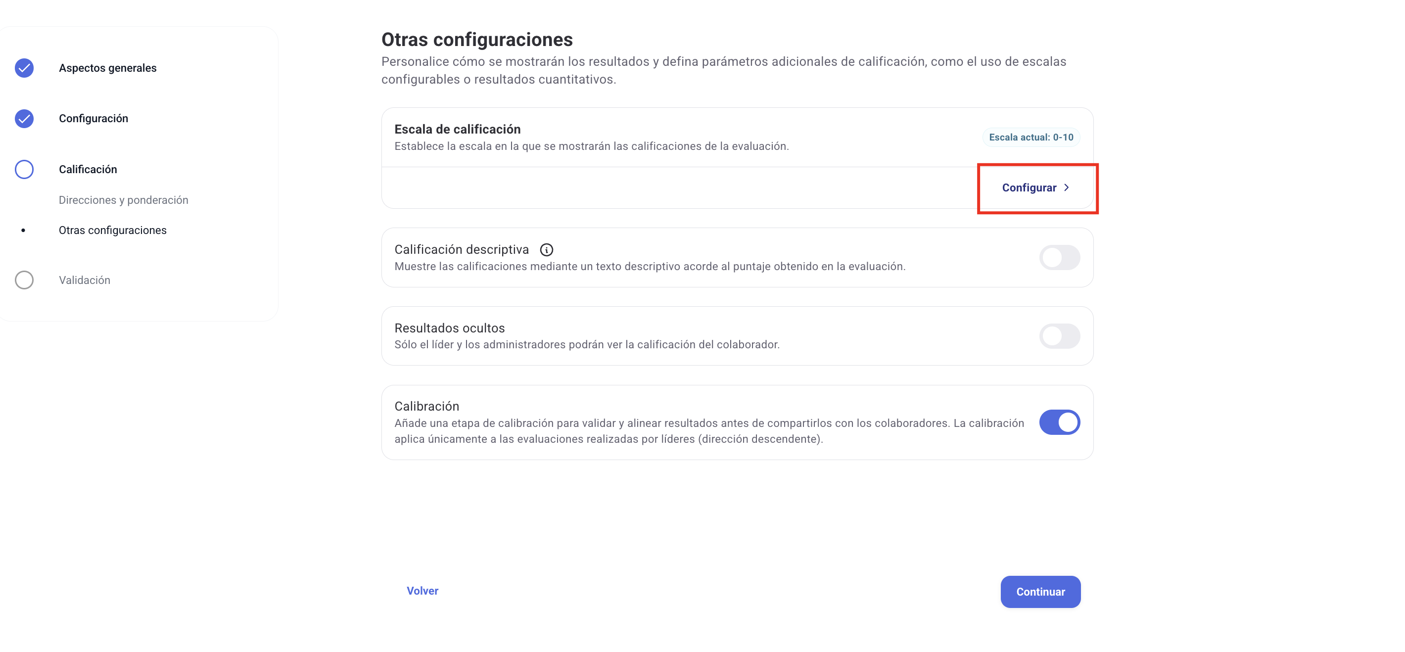 Sección de escala en la configuración del ciclo de desempeño
