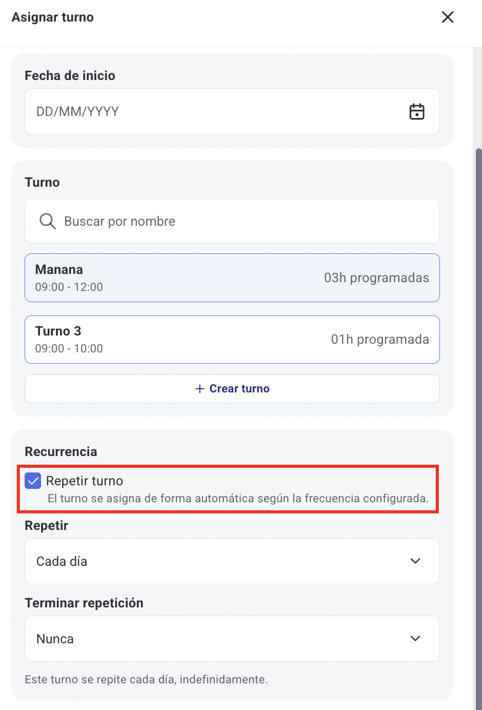 Panel de asignación de turno con opción de recurrencia activa