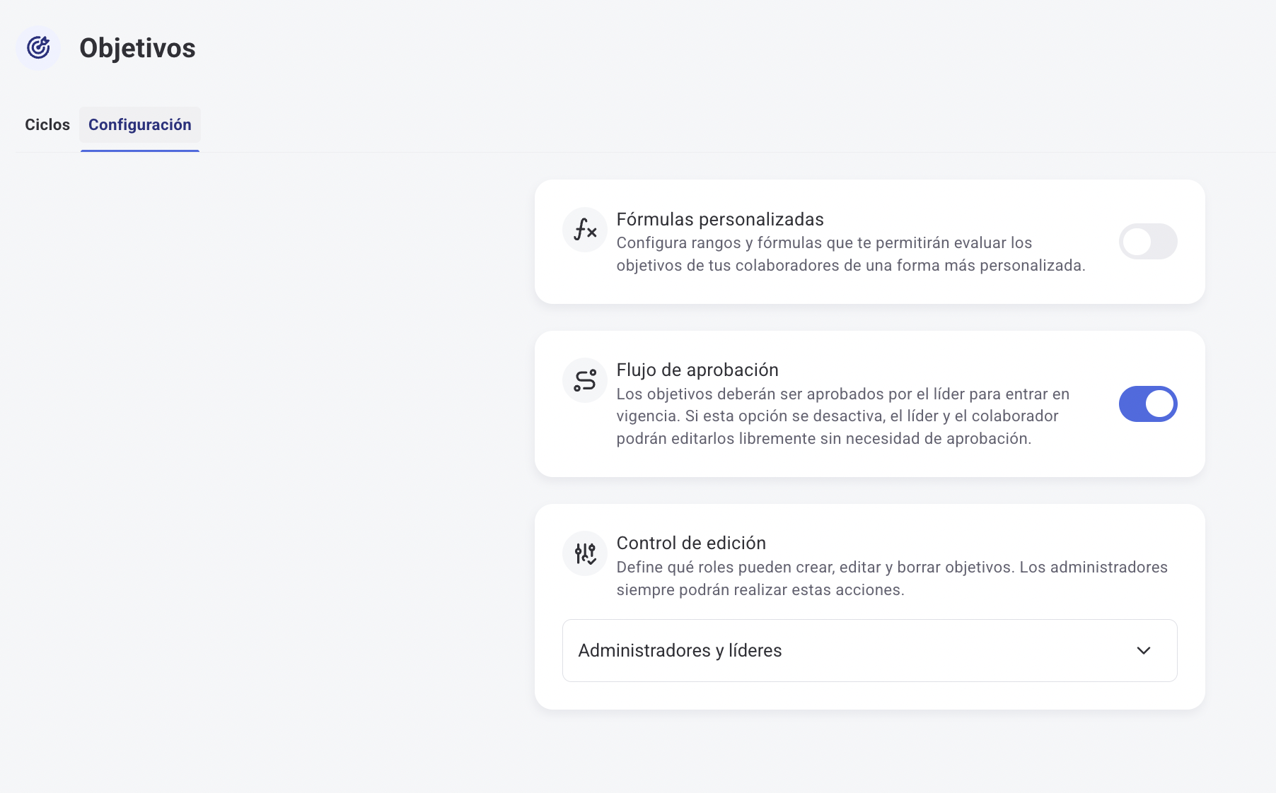 Secção de configuração avançada do módulo de Objetivos
