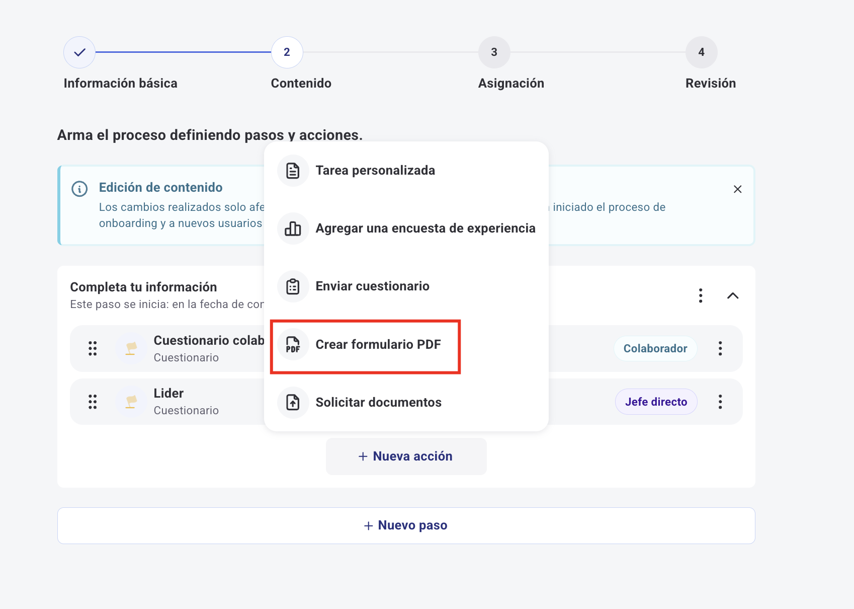 Panel de configuración de la acción Formulario PDF en Onboarding