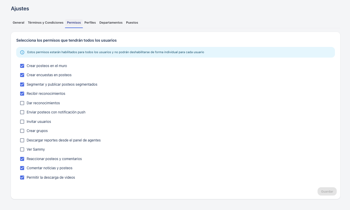 Permissions section in General Settings with View Sammy option