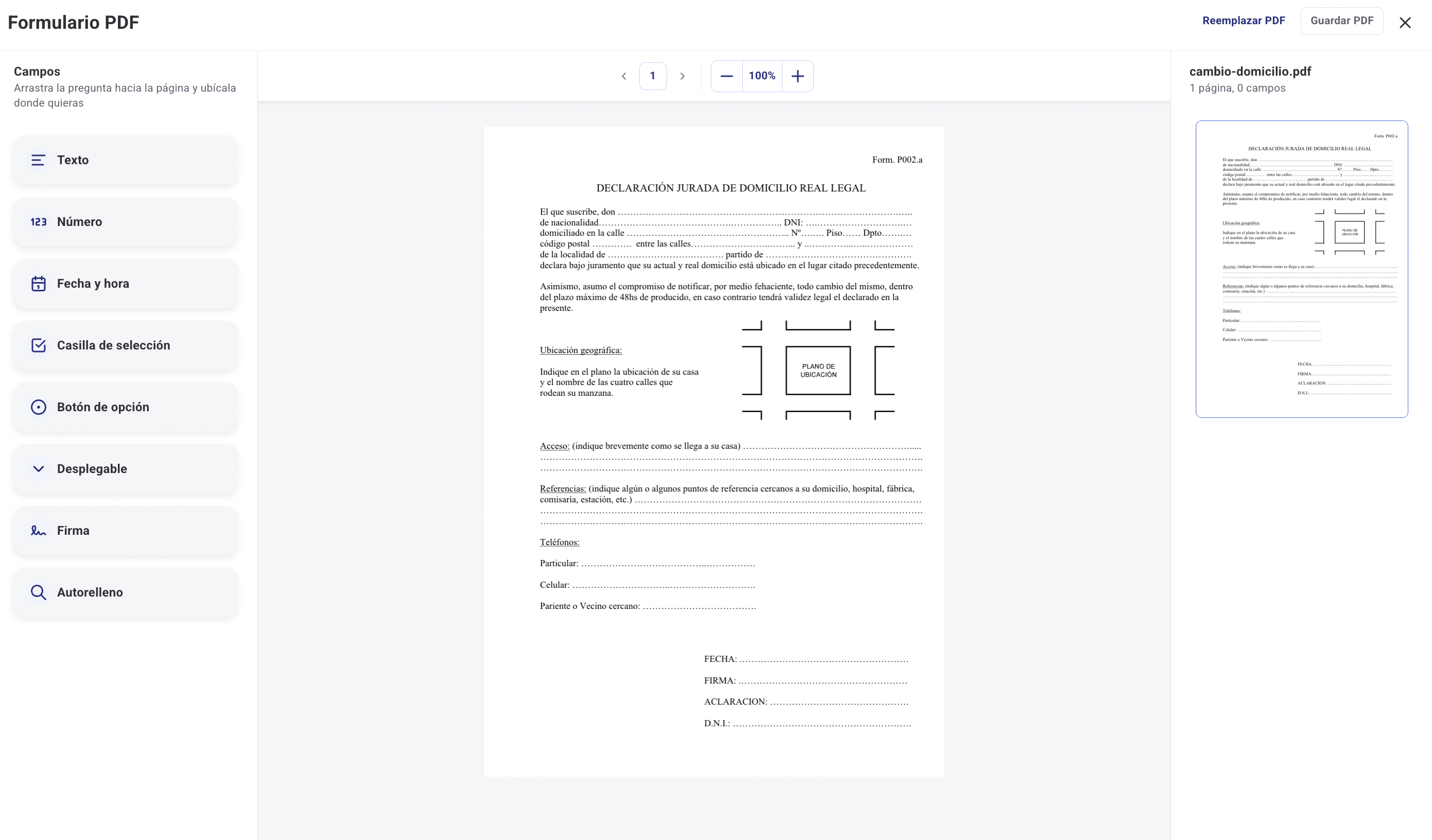 Editor de formulário PDF com campos disponíveis na barra lateral