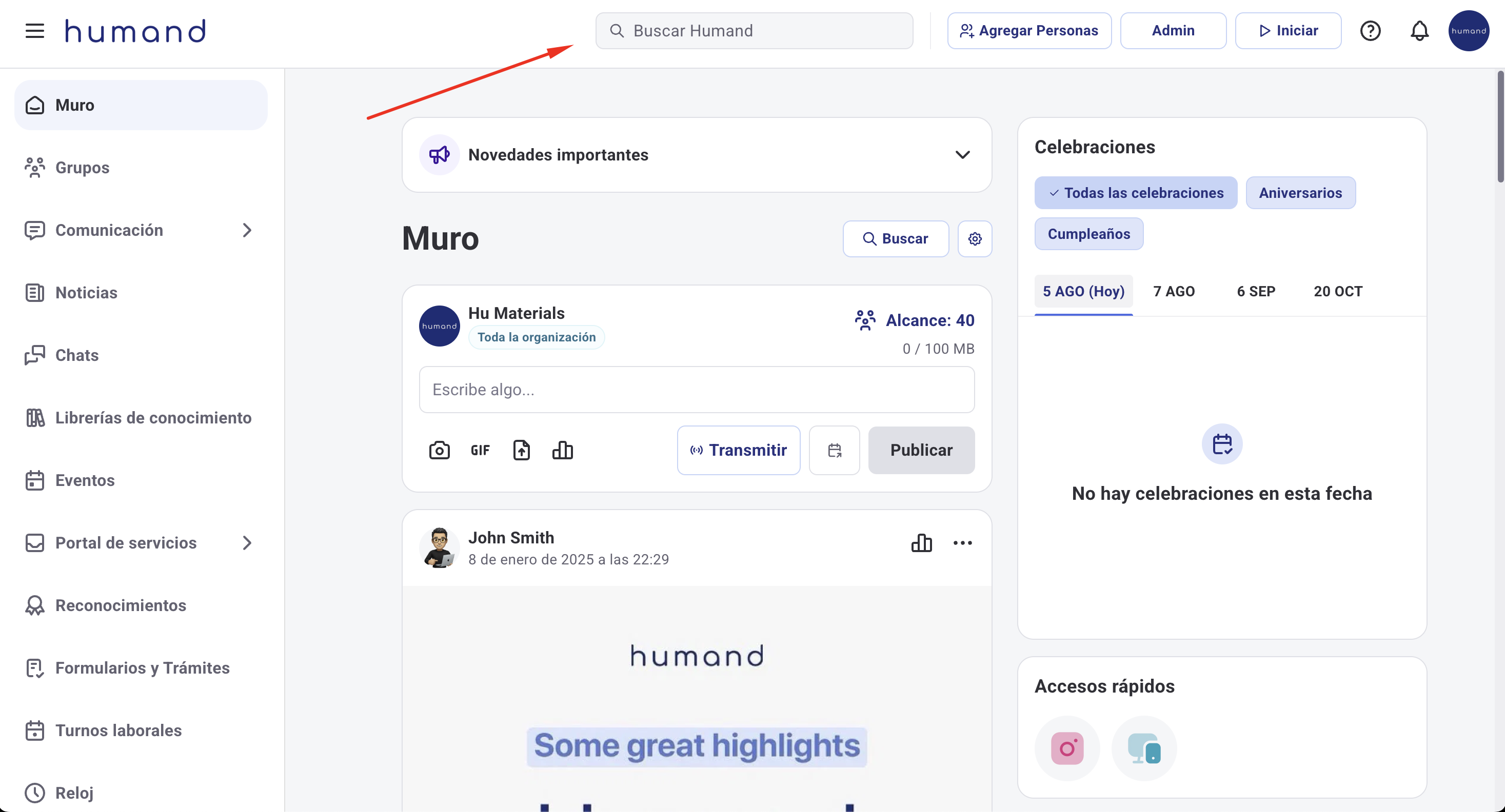 Search bar in the Humand Web navbar