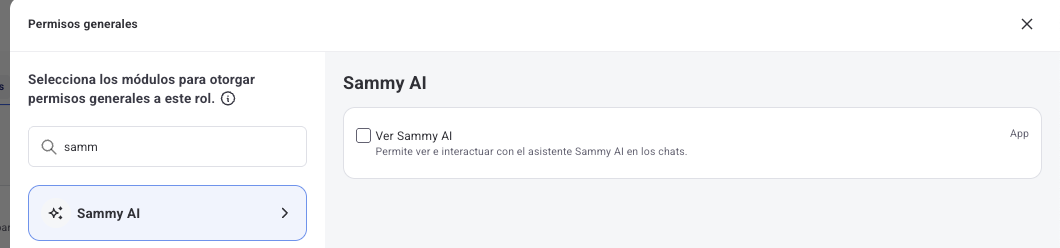 Configuração da permissão Ver Sammy AI dentro de uma função