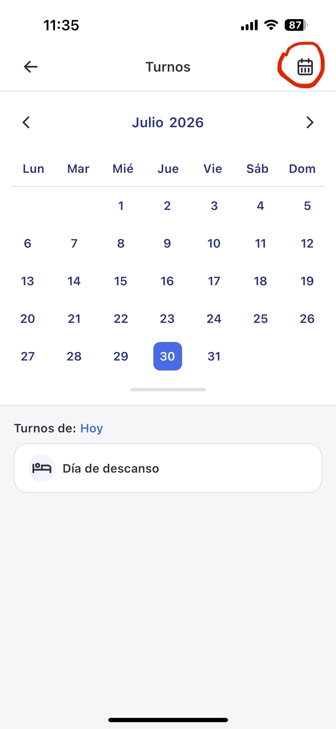 Vista de agenda com turnos da semana agrupados por dia