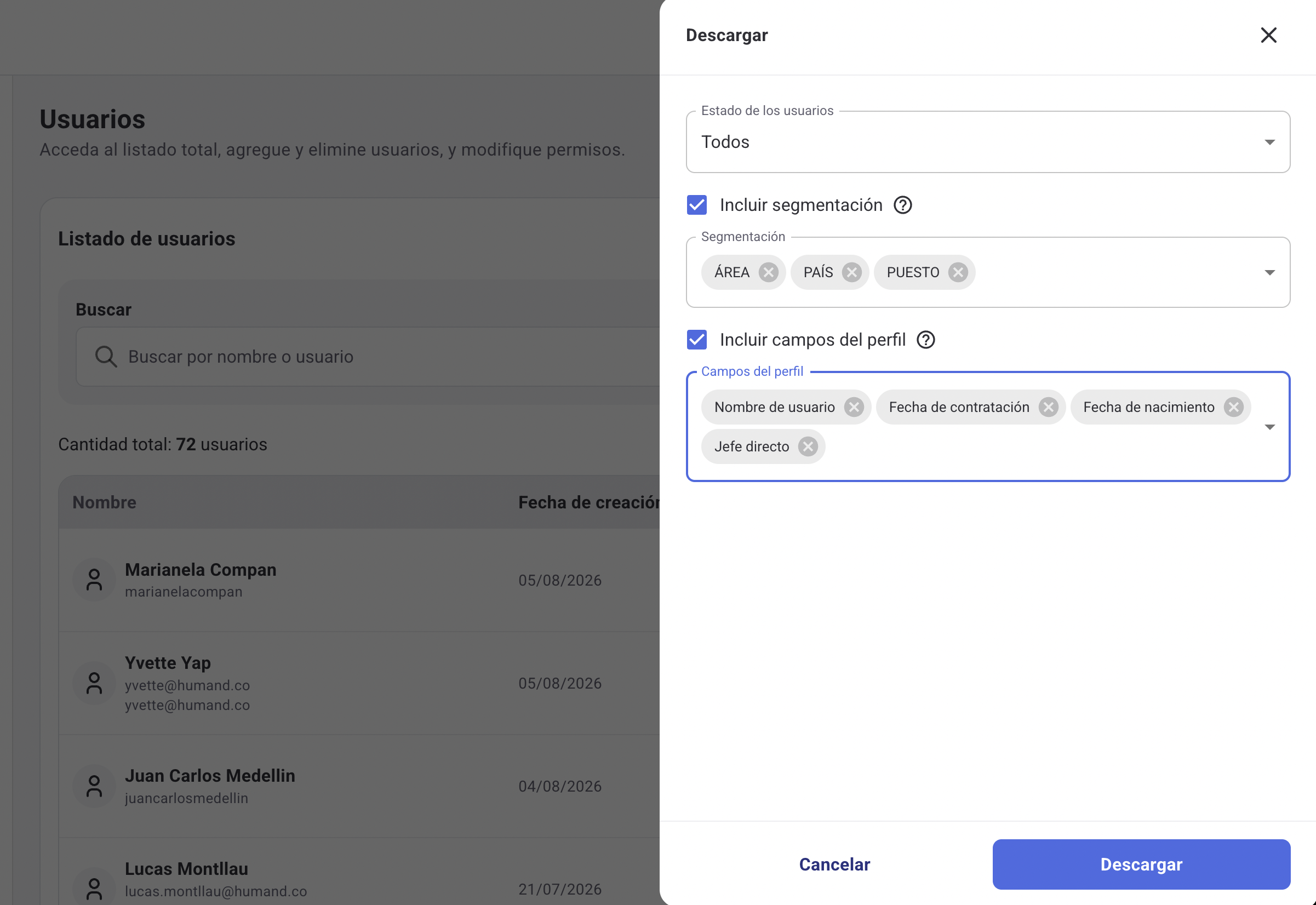 Panel de filtros para el reporte de usuarios