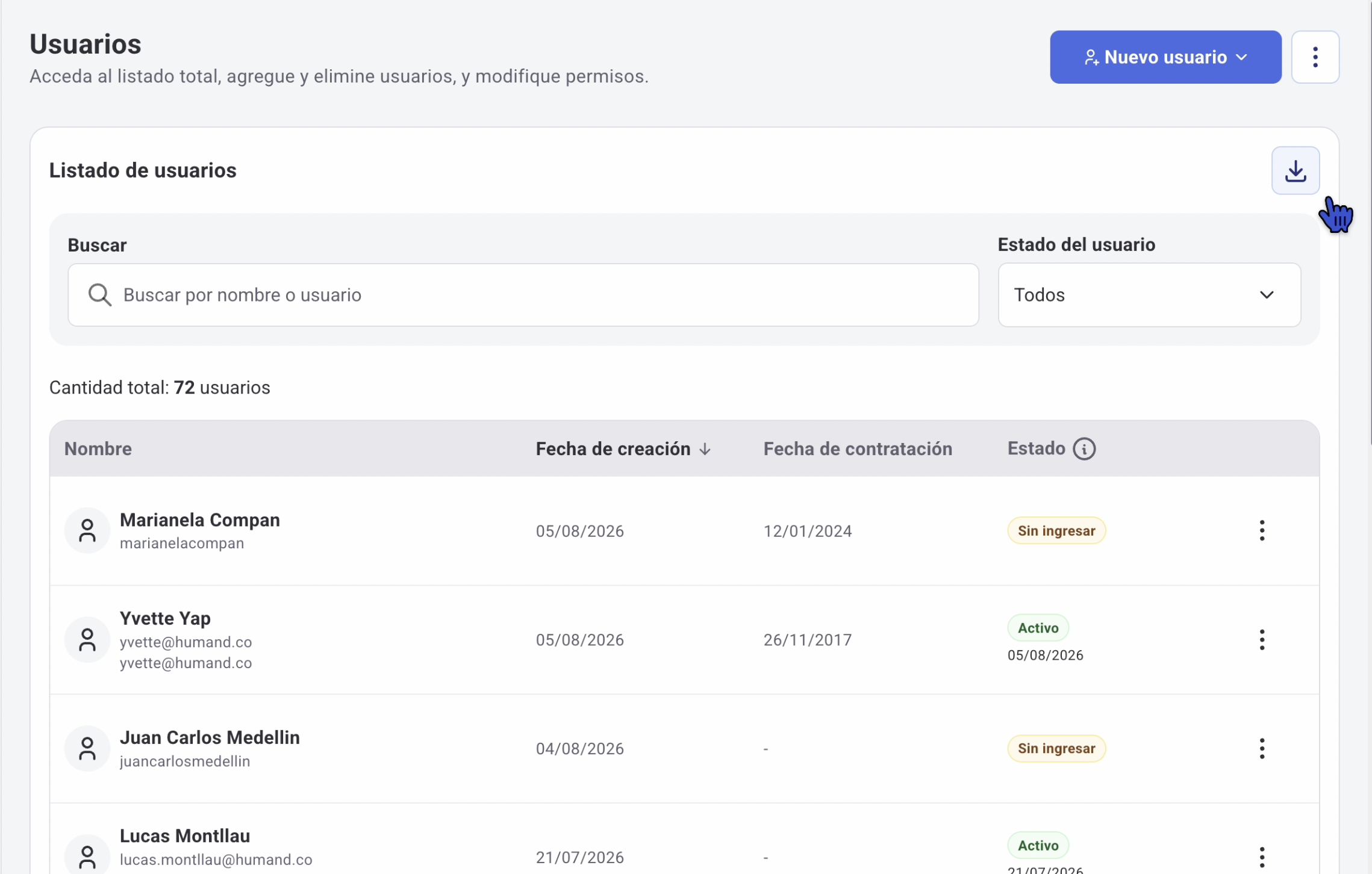 Botón de descarga en el módulo de Usuarios