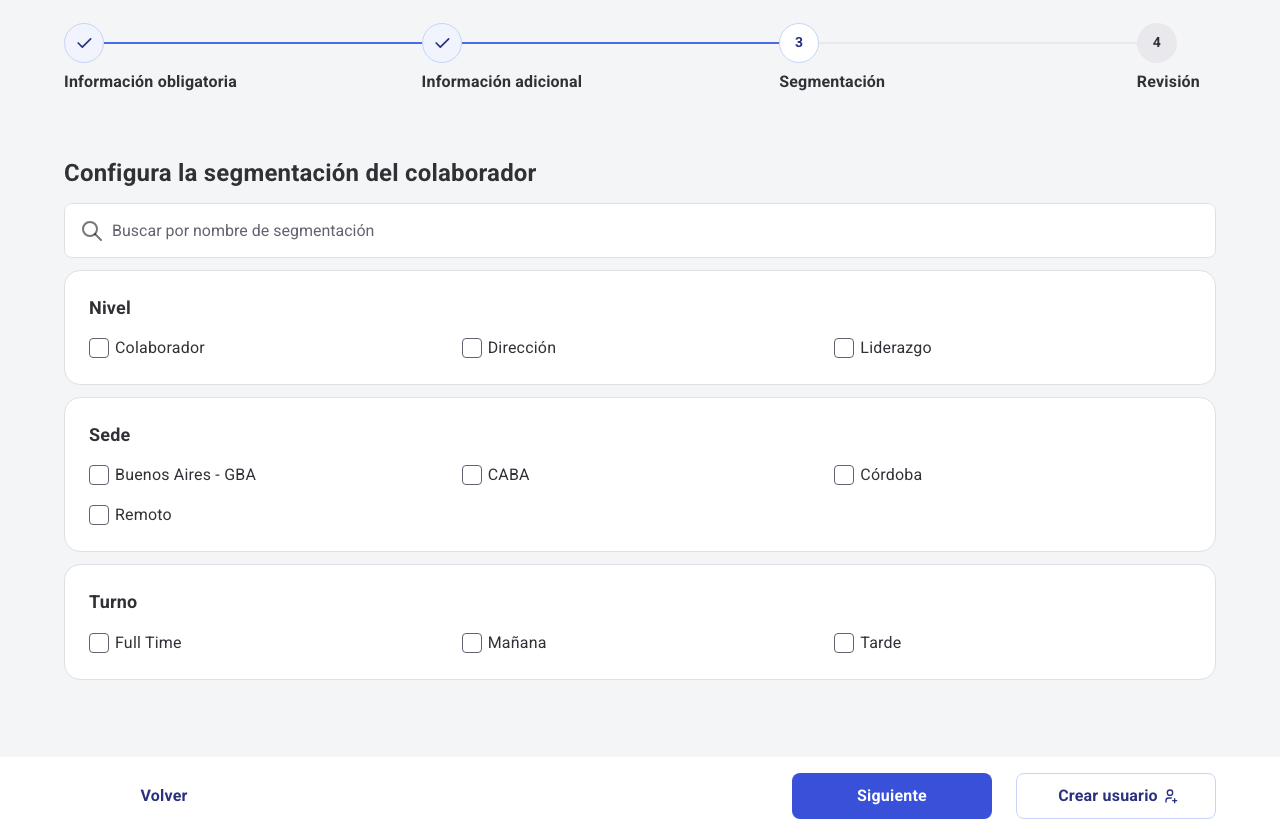 Paso 3 del formulario: segmentación del colaborador