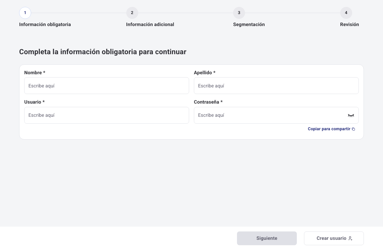 Formulario paso 1: campos obligatorios (Nombre, Apellido, Usuario, Contraseña)