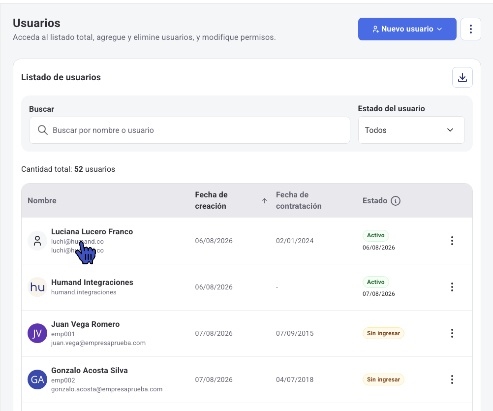 Tabla de usuarios: menú de opciones para acceder al perfil del colaborador