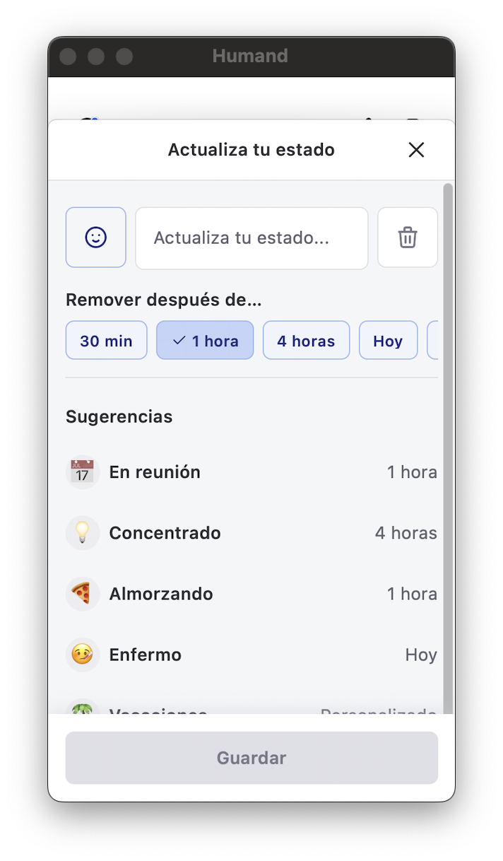 Modal Actualiza tu estado en la app con sugerencias y duración
