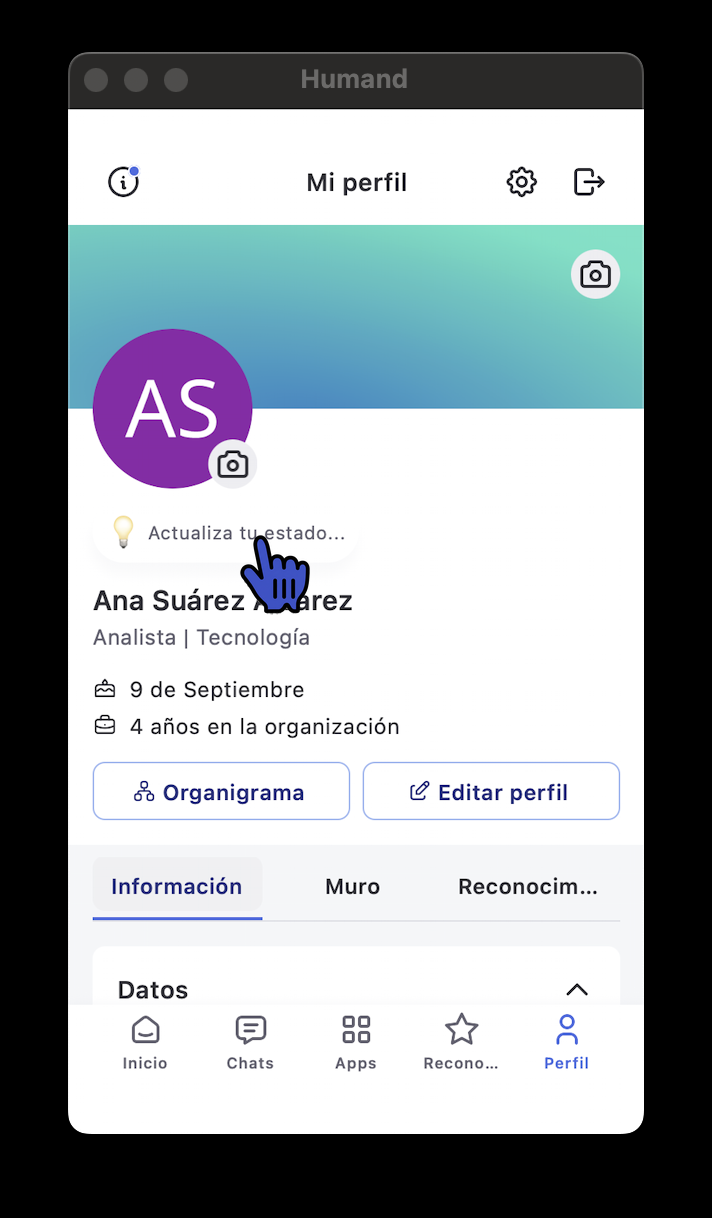 Perfil en la app con el botón Actualiza tu estado