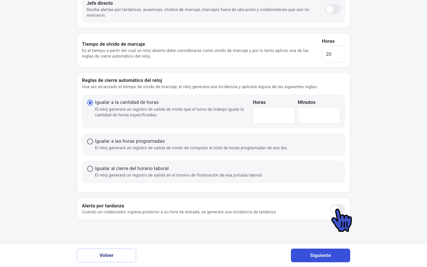 Toggle Alerta por tardanza en el paso Automatizaciones de la política de marcaje