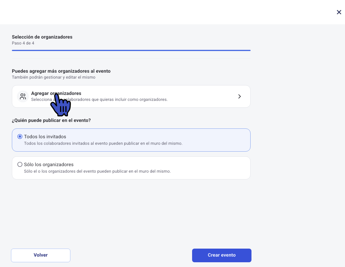 Step 4 of the event creation form with the Add organizers option