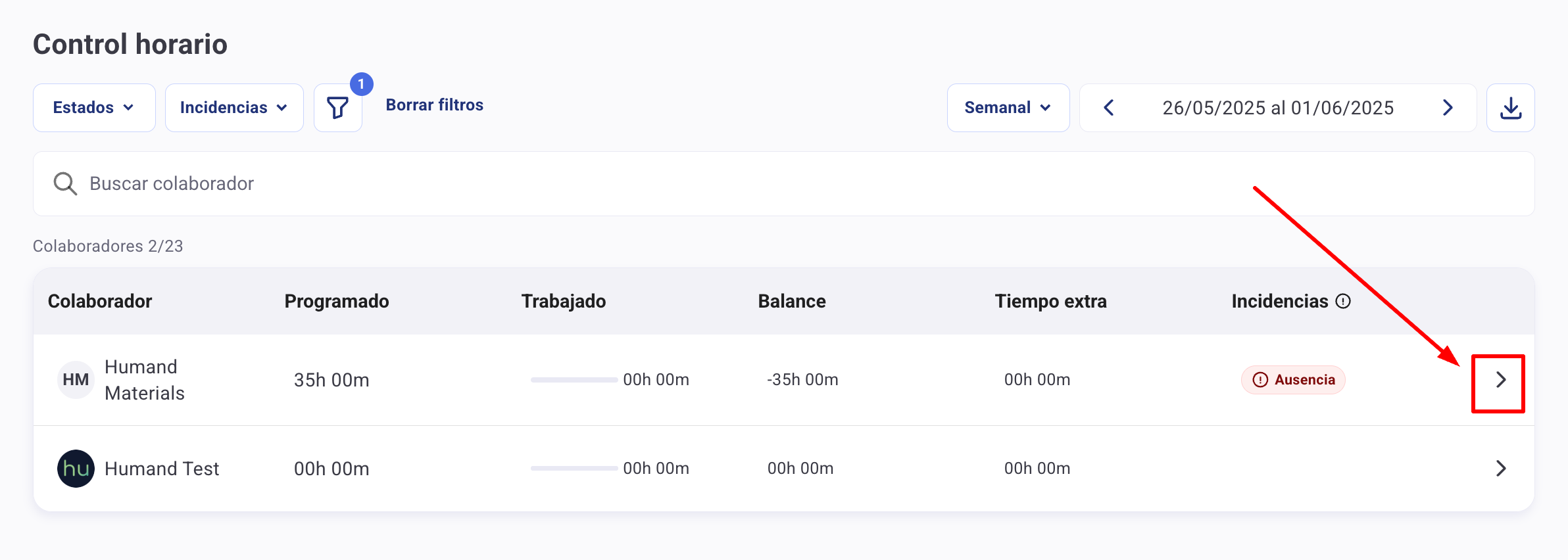 Flecha de detalle para ver registros de un colaborador