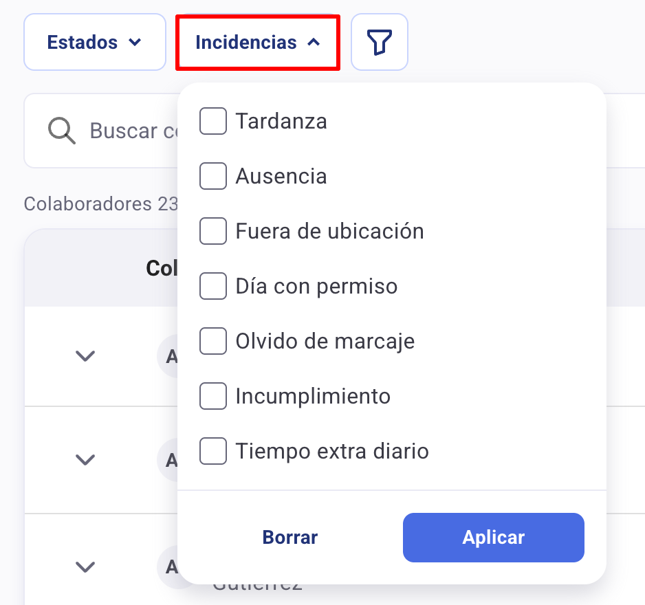 Filtro por incidencias en registros horarios