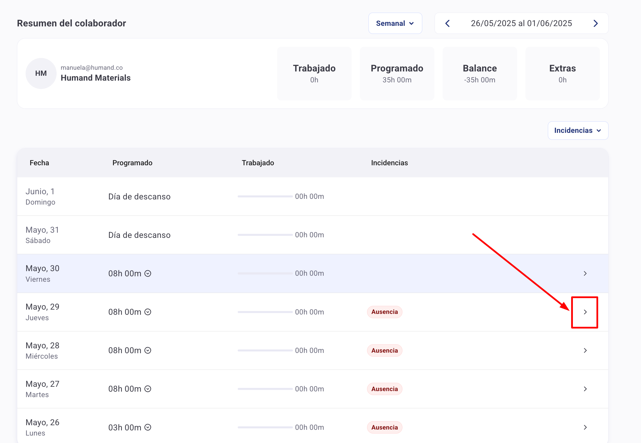 Detalle de registros de un día en Control Horario