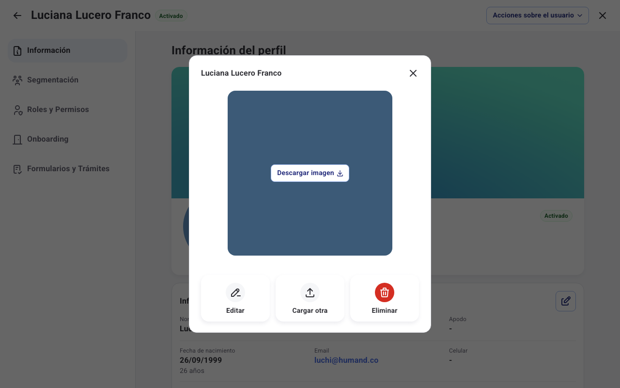 Menú de acciones sobre la foto de perfil: ver, descargar, editar, cargar otra o eliminar