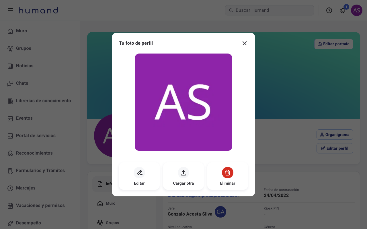 Menú de acciones sobre la foto de perfil: editar, cargar otra o eliminar