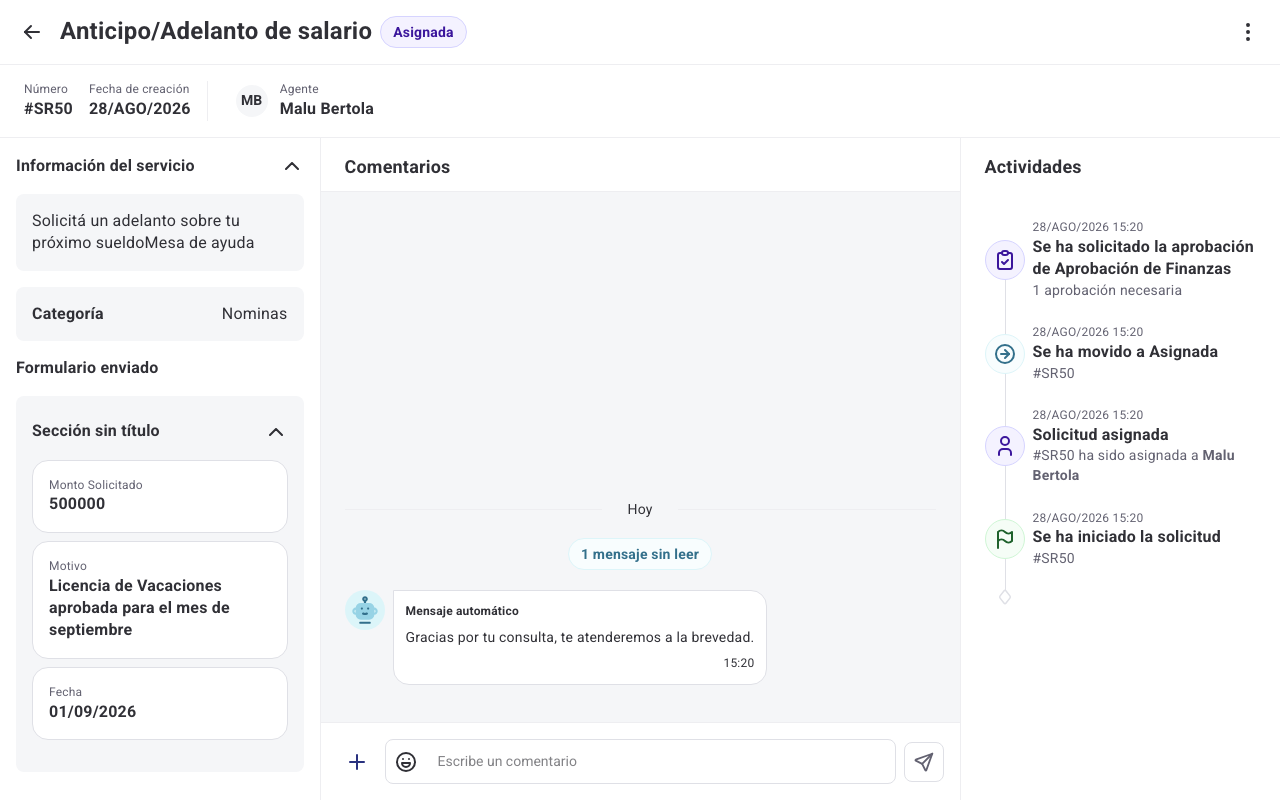Detalle de una solicitud con el historial de actividades