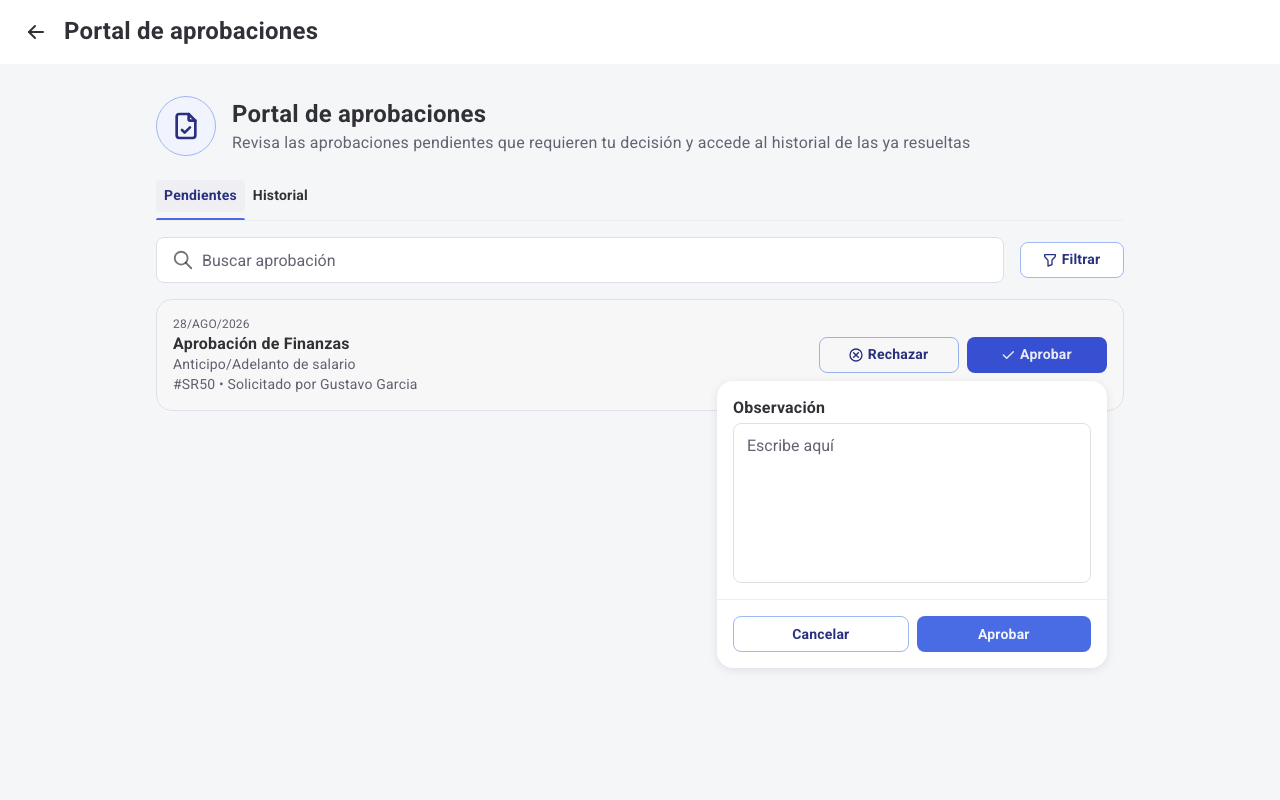 Confirmación de aprobación con campo de observación