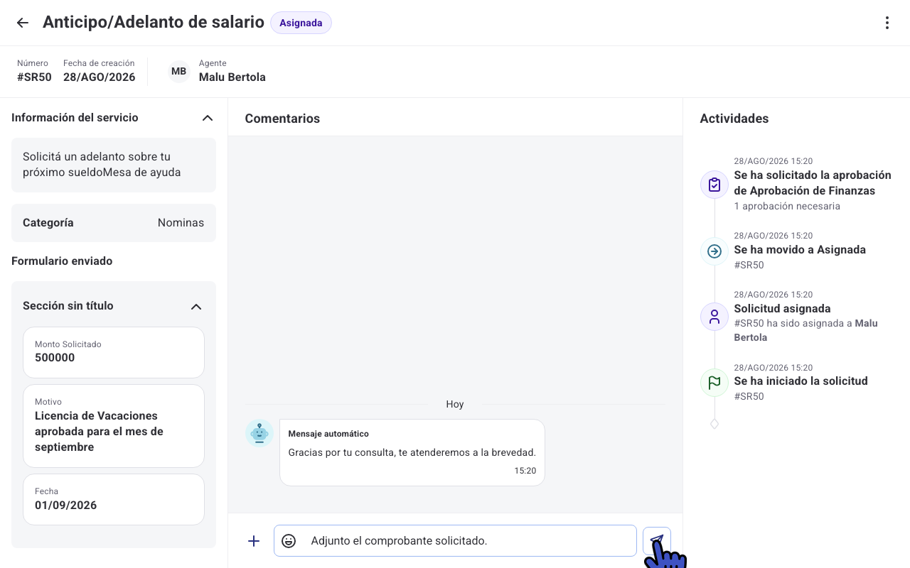 Campo para escribir un comentario en una solicitud