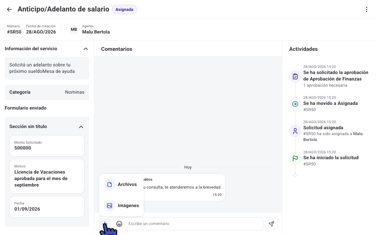 Menú para adjuntar archivos o imágenes en una solicitud