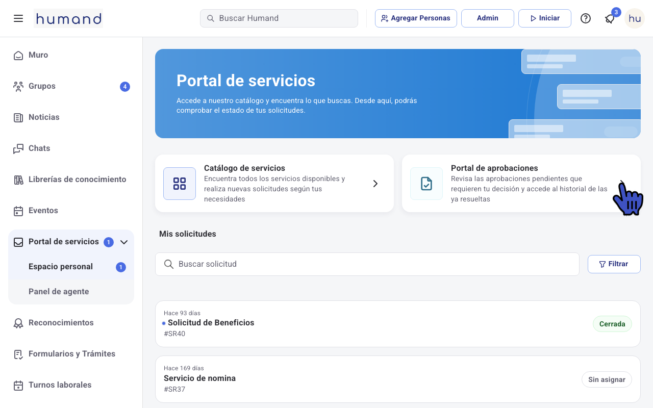 Tarjeta Portal de aprobaciones dentro de Espacio personal