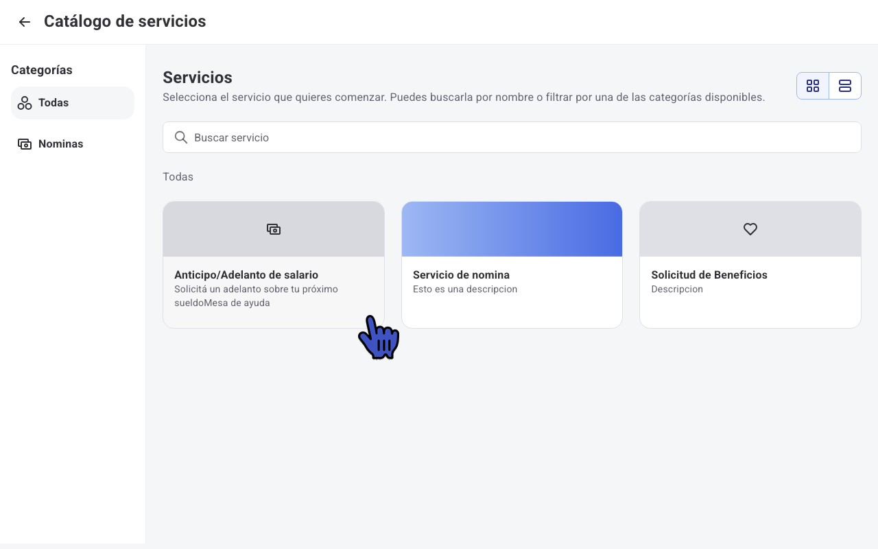 Catálogo de servicios con las categorías y los servicios disponibles