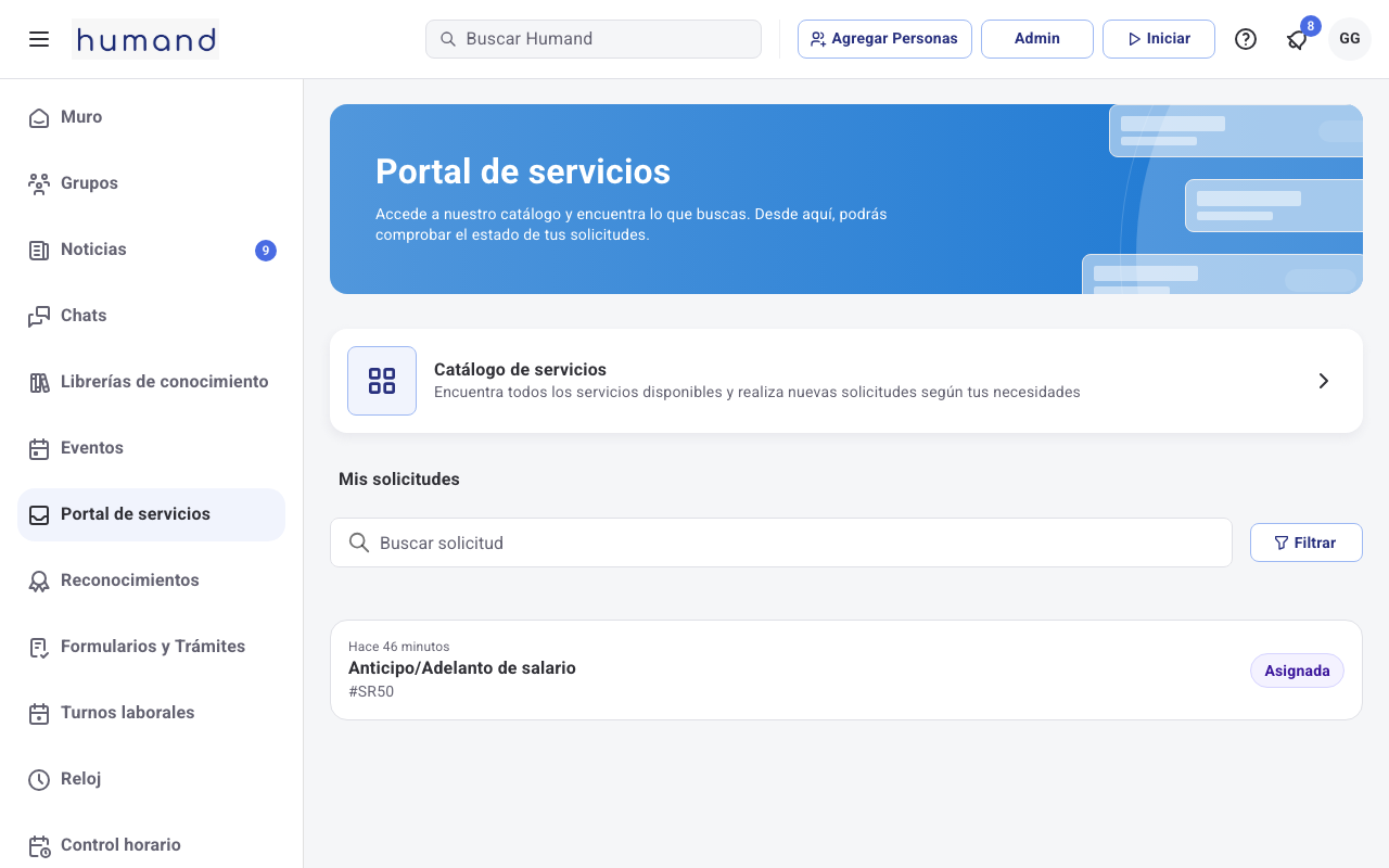 Portal de servicios con la tarjeta Catálogo de servicios